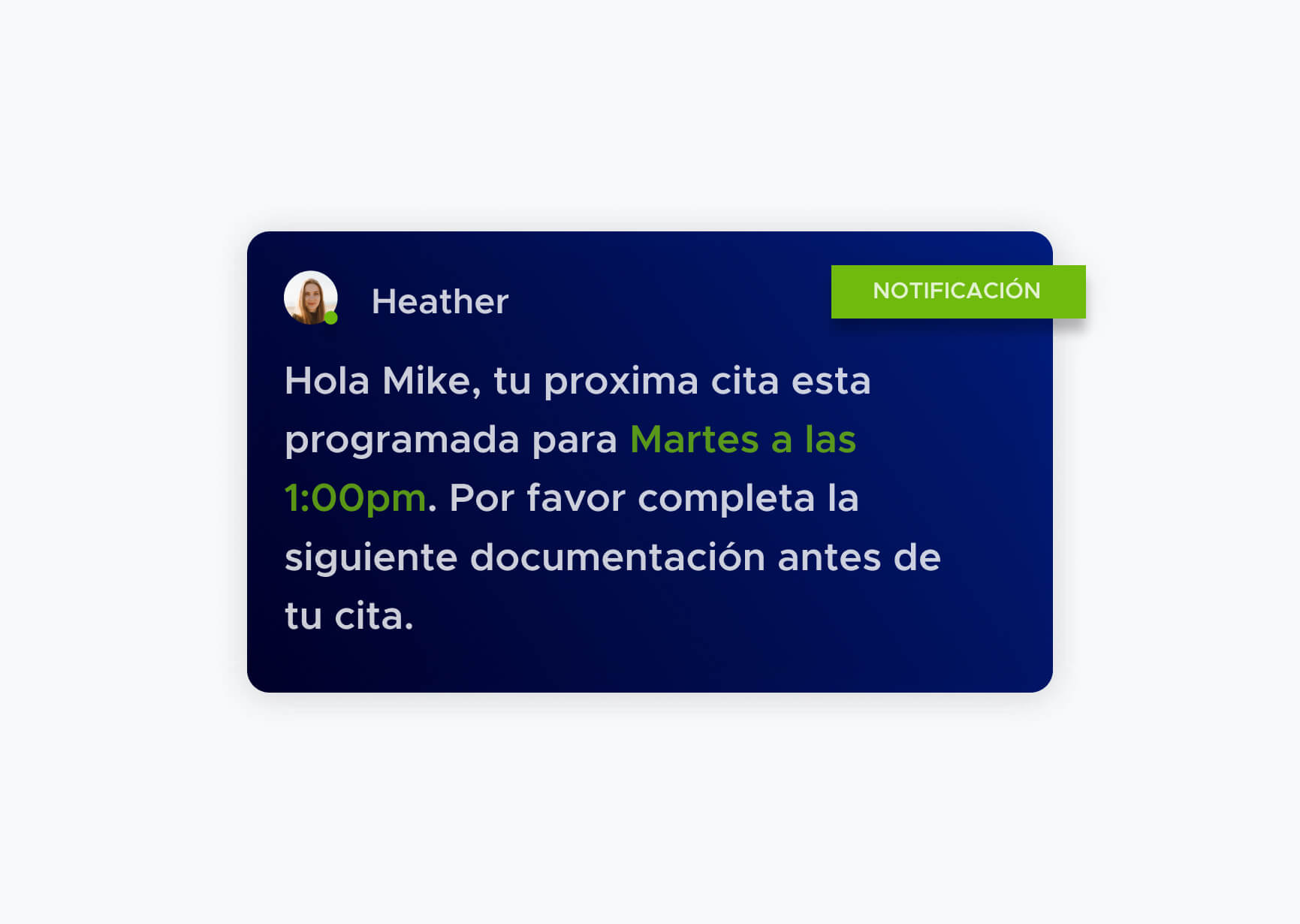 Notifiación de Heather hacia Mike recordando su cita